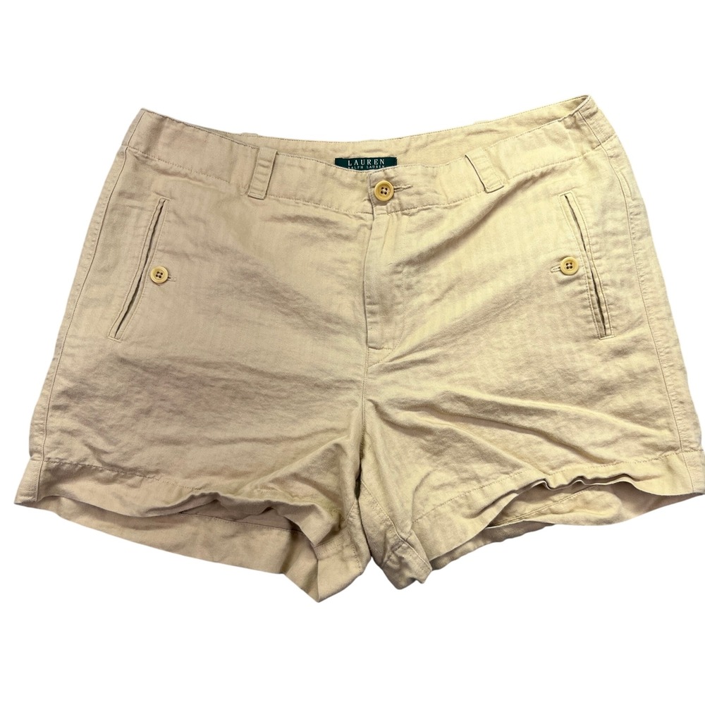 Lauren Ralph Lauren Linen Blend Shorts Button Pocket Casual Khaki Sz 12 Fits 33"